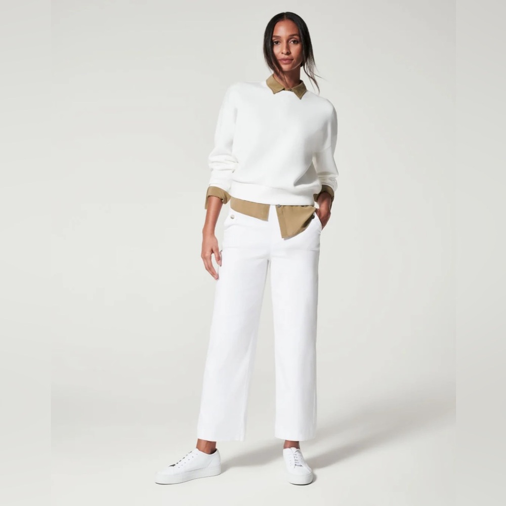 Spanx White Stretch Twill Cropped Wide Leg Pant LARGE PETITE BUSINESS Casual